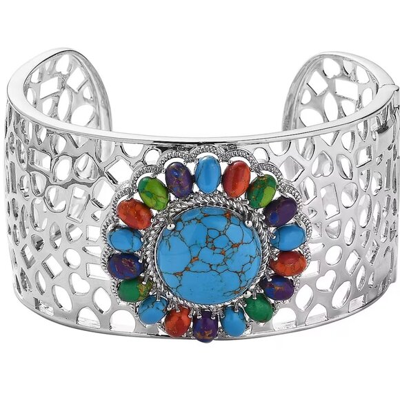 Mojave Multi Color Turquoise Gemstone Cuff Bracelet in Platinum Bond NWT - Picture 4 of 7